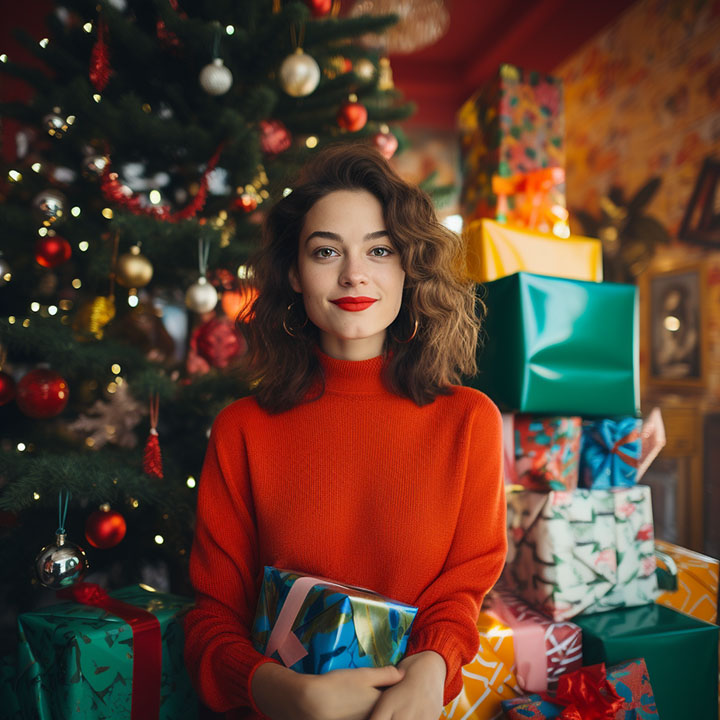 Woman holding a Christmas present