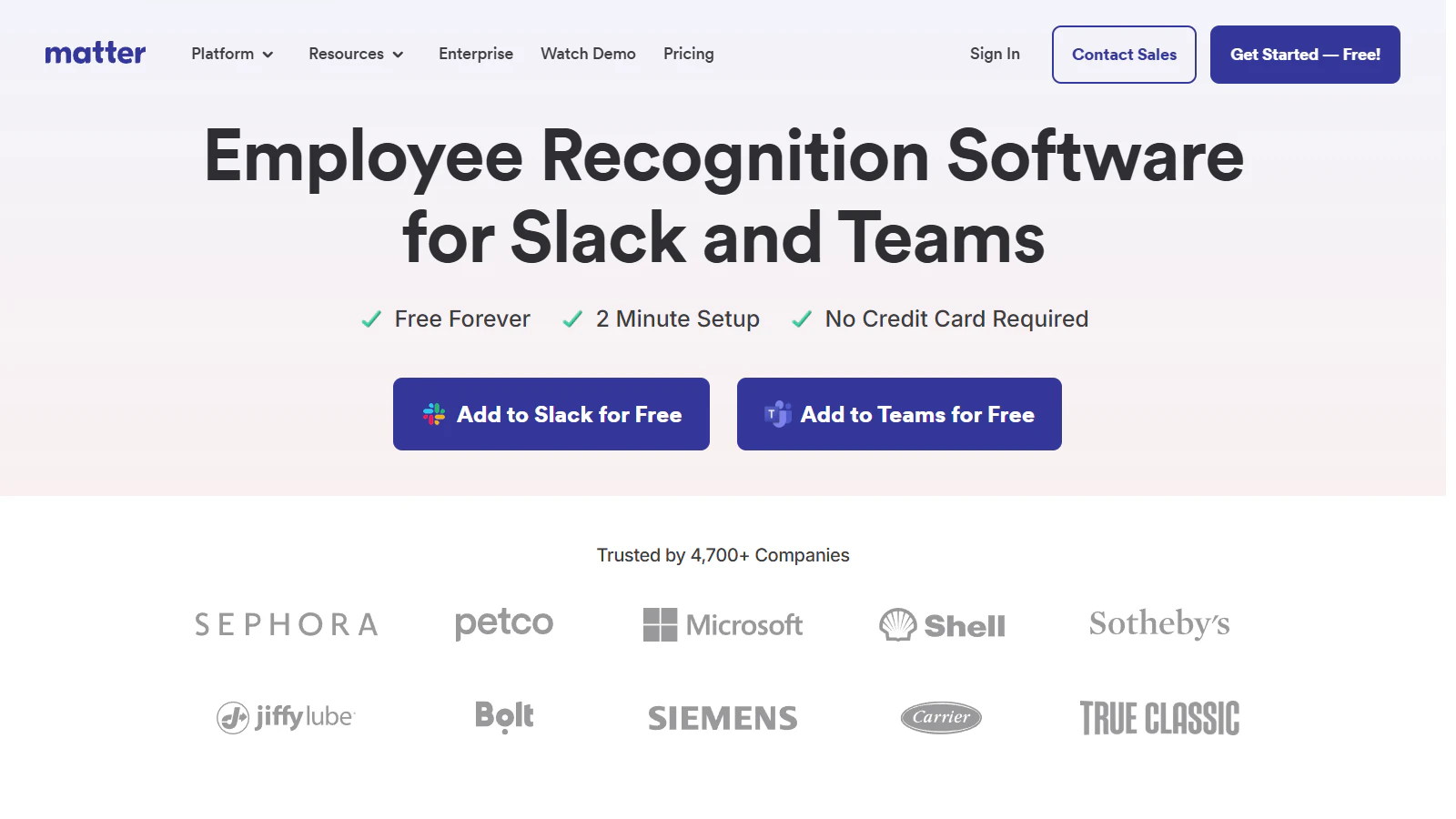 Matter homepage presenting employee recognition software for Slack and Microsoft Teams
