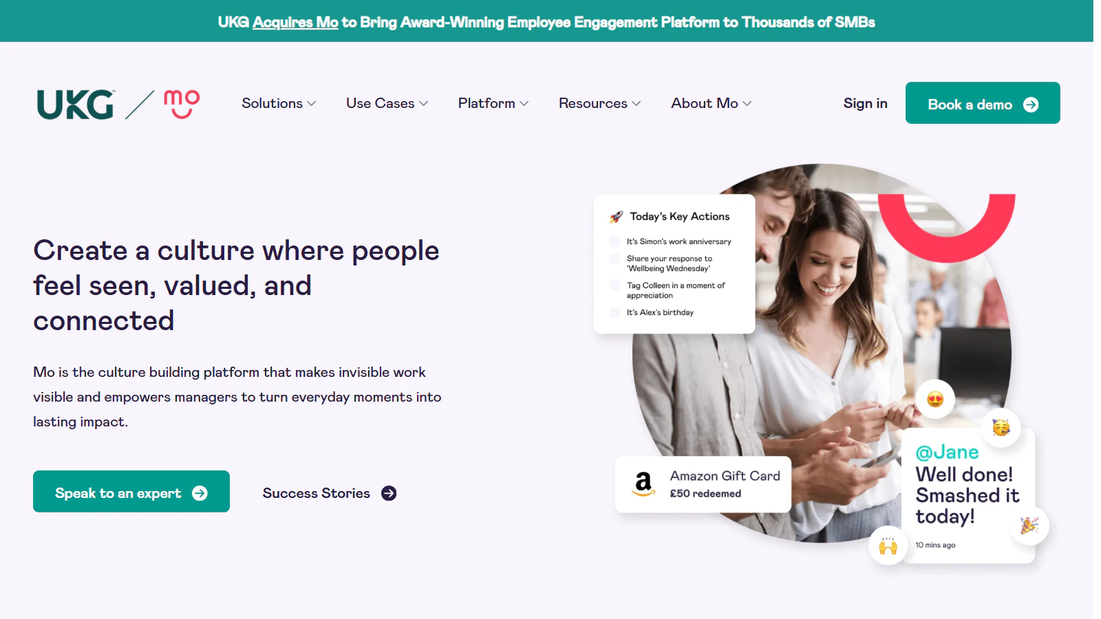 Mo homepage presenting its employee recognition and culture platform