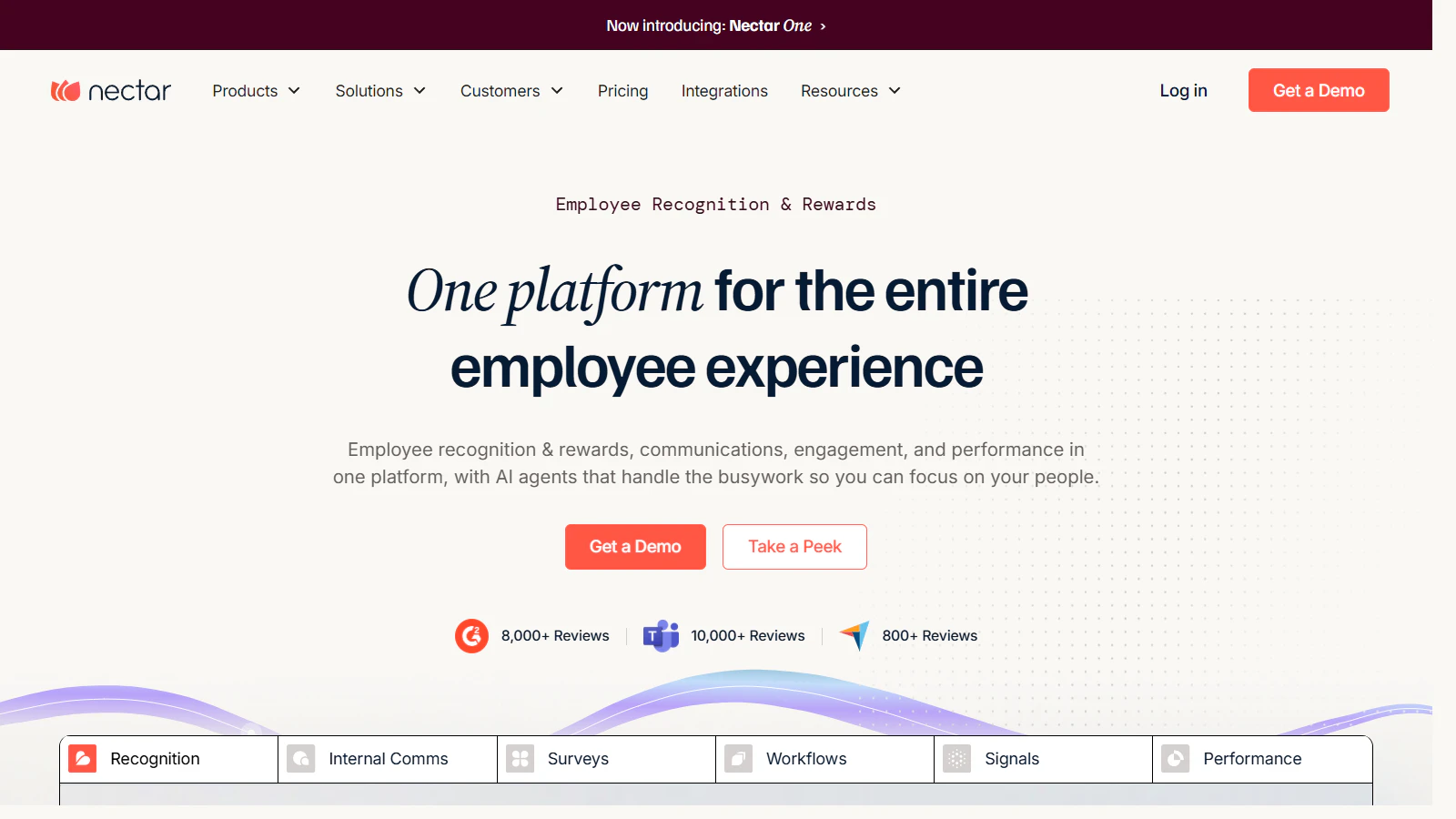 Nectar homepage presenting its employee experience, recognition and rewards platform