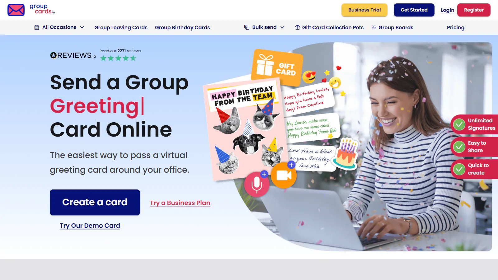 GroupCards.io homepage showing its collaborative online group card service
