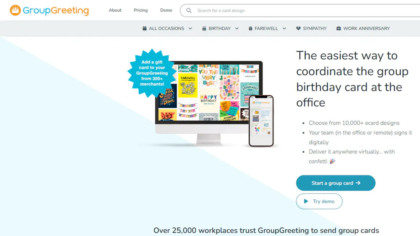 GroupGreeting homepage showing its workplace group birthday card service