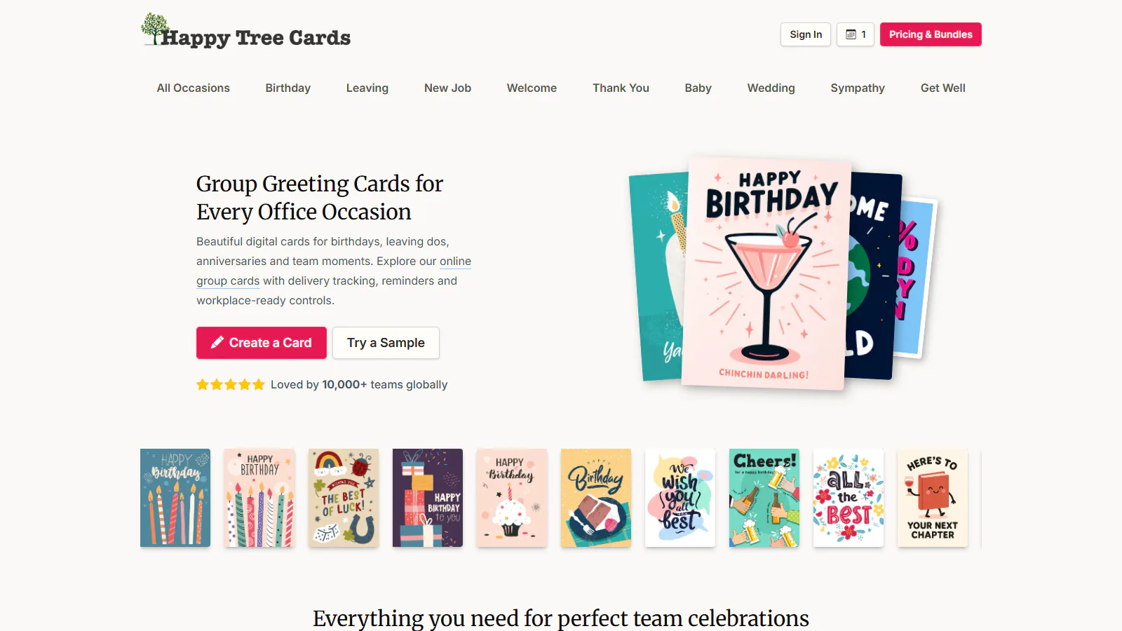 Happy Tree Cards homepage showing workplace group birthday card designs