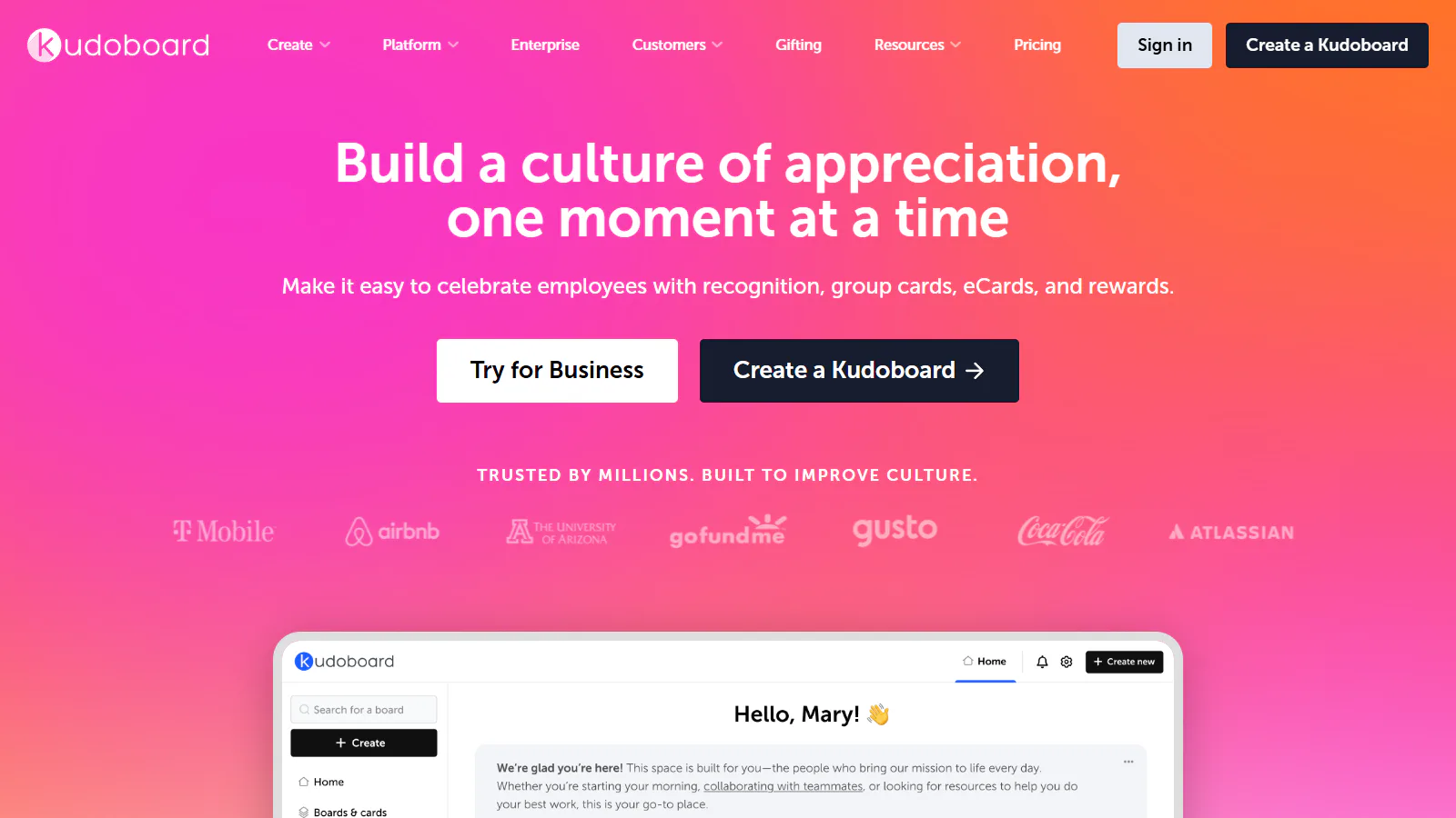 Kudoboard homepage showing its employee recognition and group ecard platform
