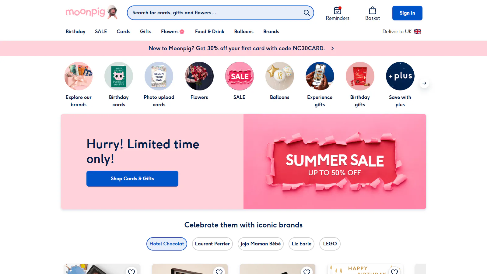 Moonpig homepage showing personalised cards and gifts