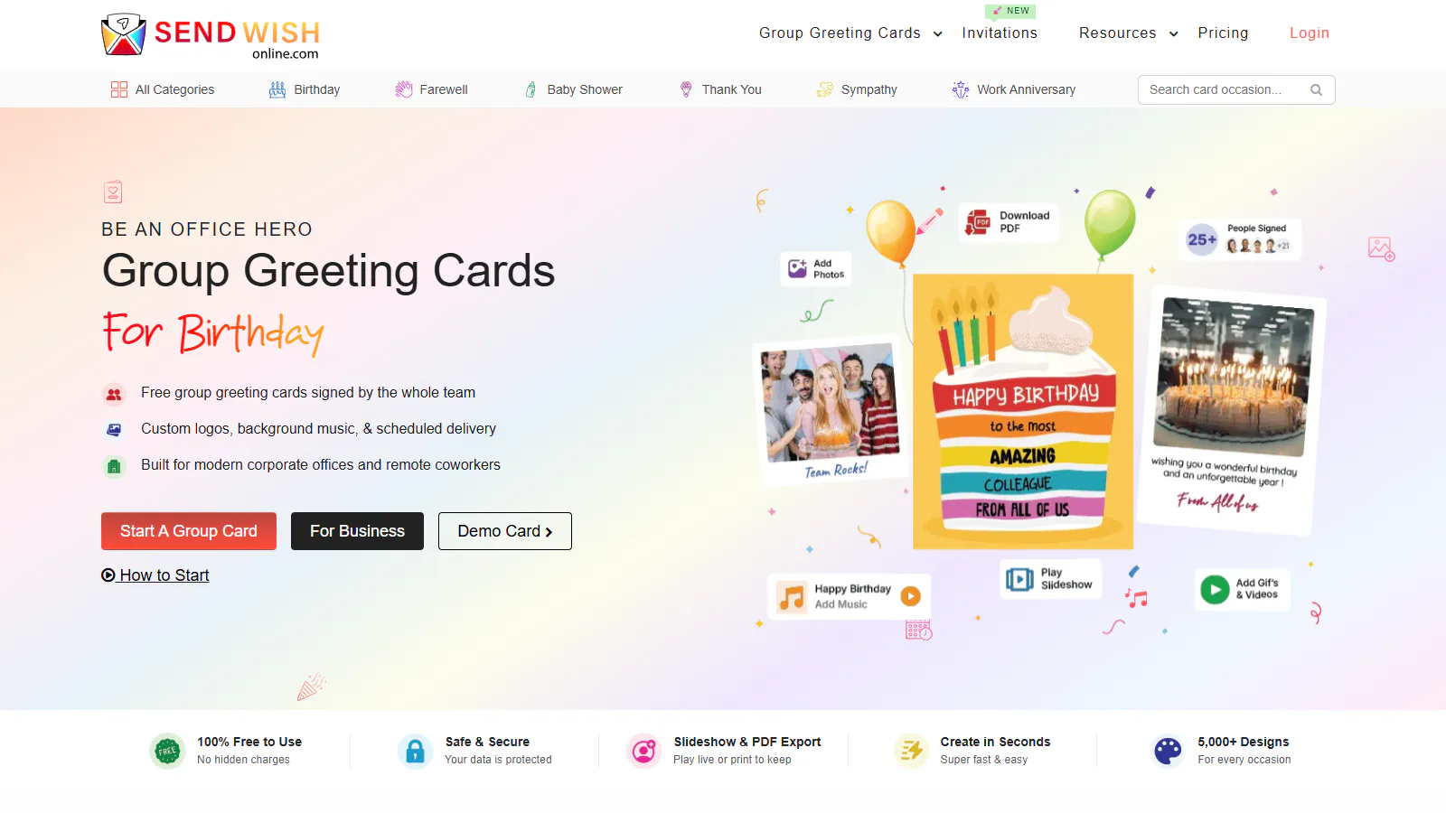 SendWishOnline homepage showing free group birthday card features