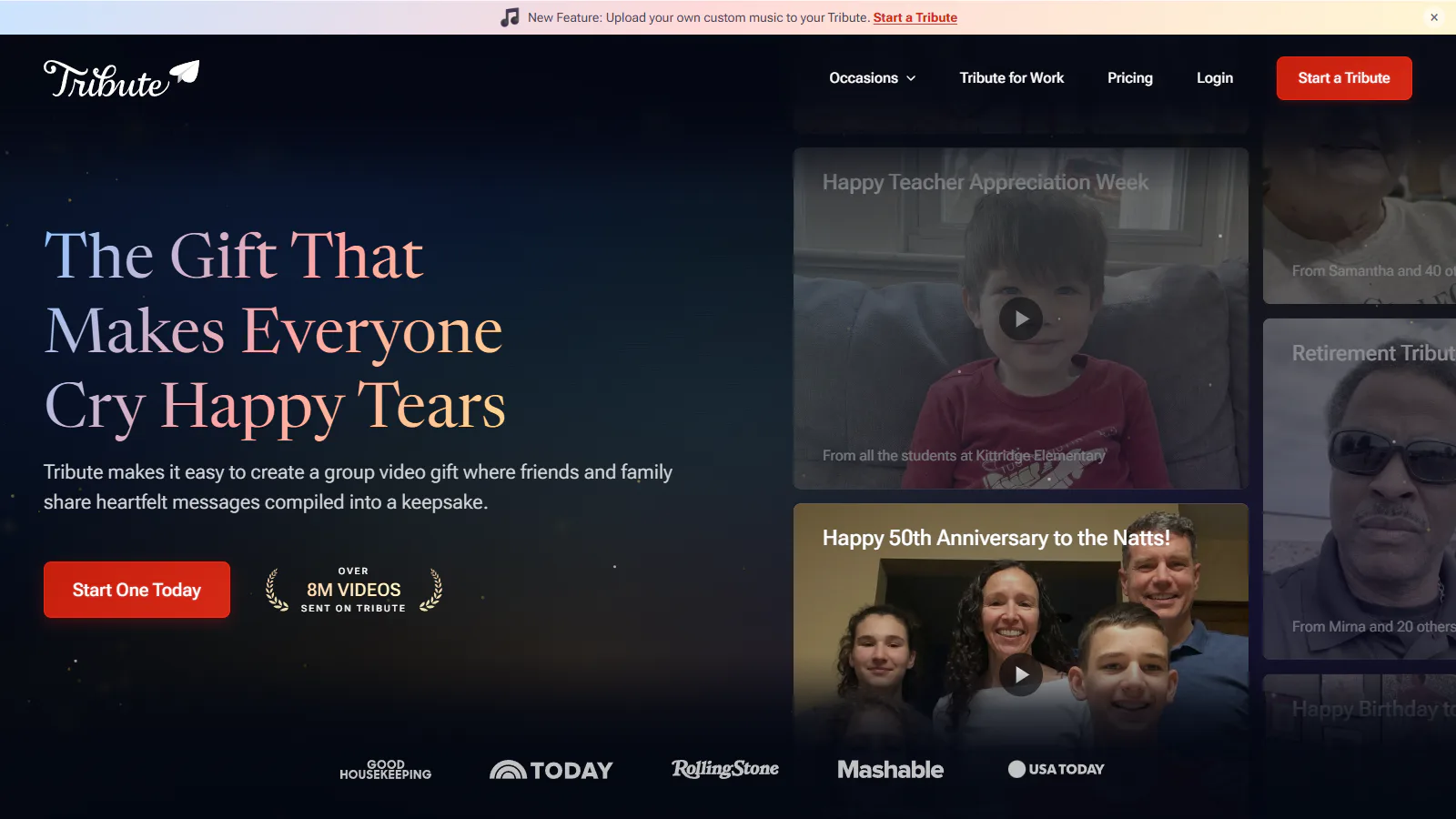 Tribute homepage showing its group video gift maker
