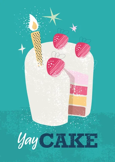 White cake with strawberries, candle, and Yay Cake text on teal background