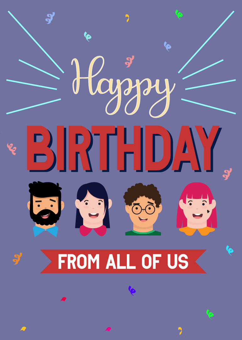 Colorful birthday card with cartoon faces and 'Happy Birthday from all of us'