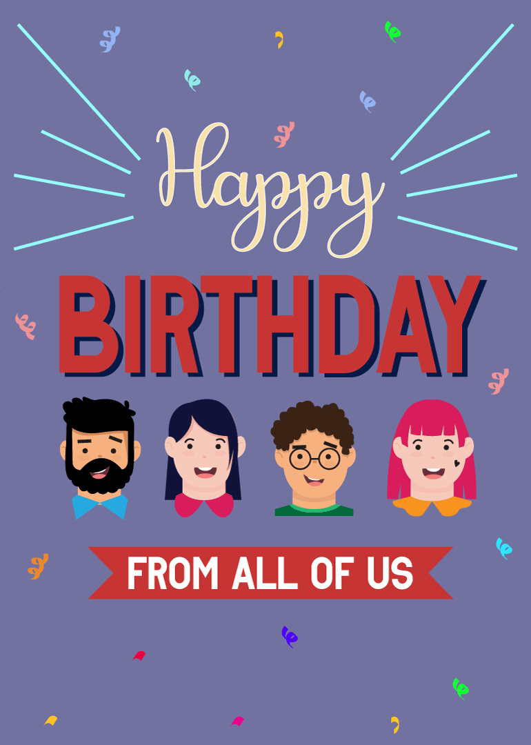Purple birthday card with confetti, four smiling illustrated faces, and the message From All Us.