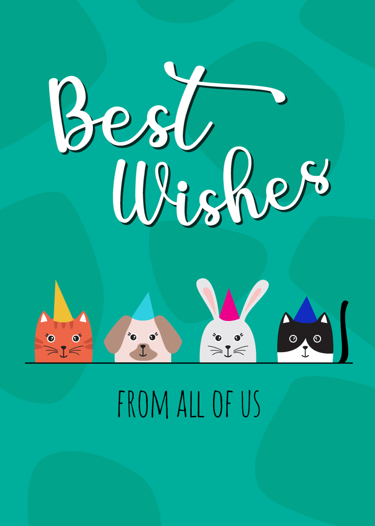 Best wishes card with cat, dog, rabbit, and cat wearing party hats