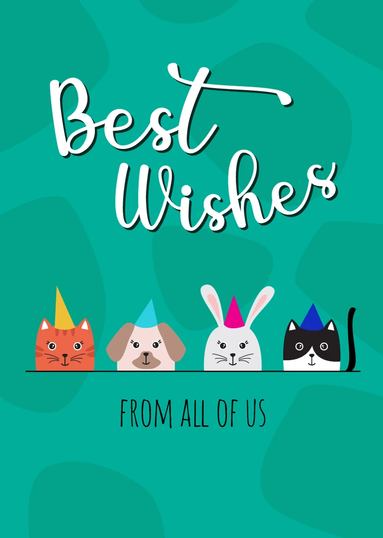 Teal card with Best Wishes text and four party animals wearing colorful birthday hats below.