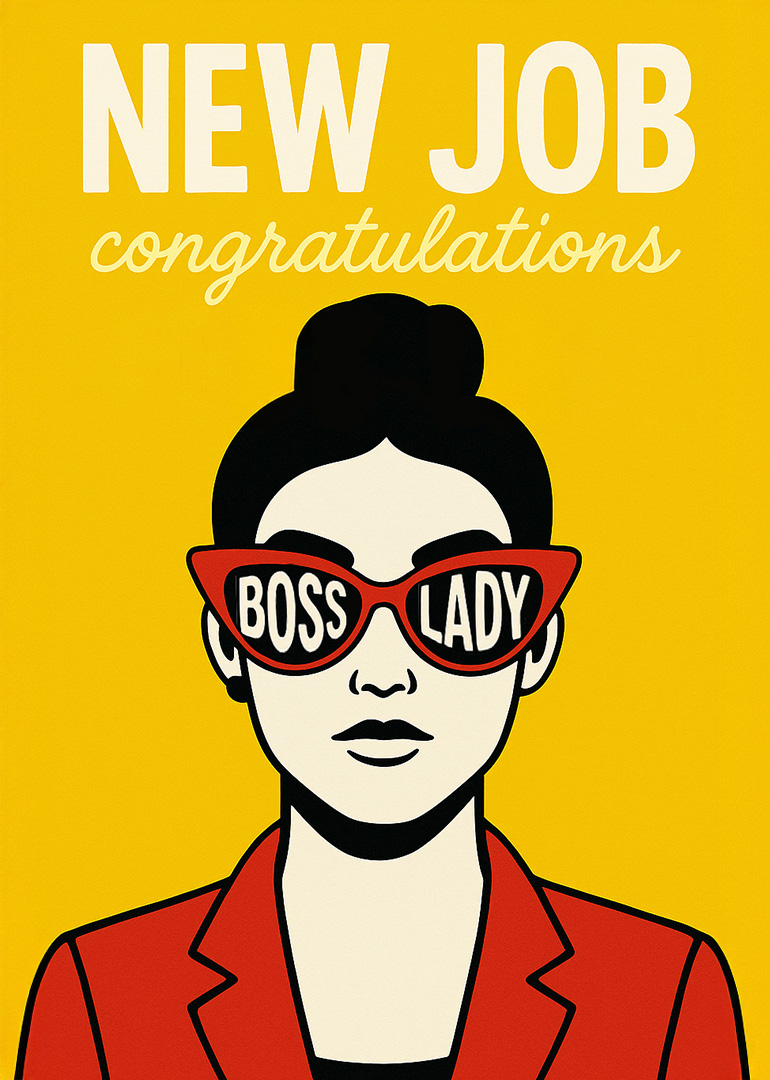 Illustration of woman in red jacket with boss lady sunglasses on yellow background