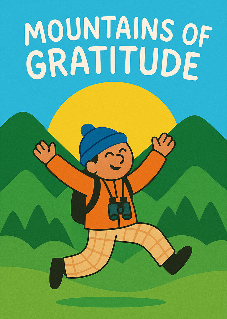 Person joyfully jumping with mountains and sun in background expressing gratitude