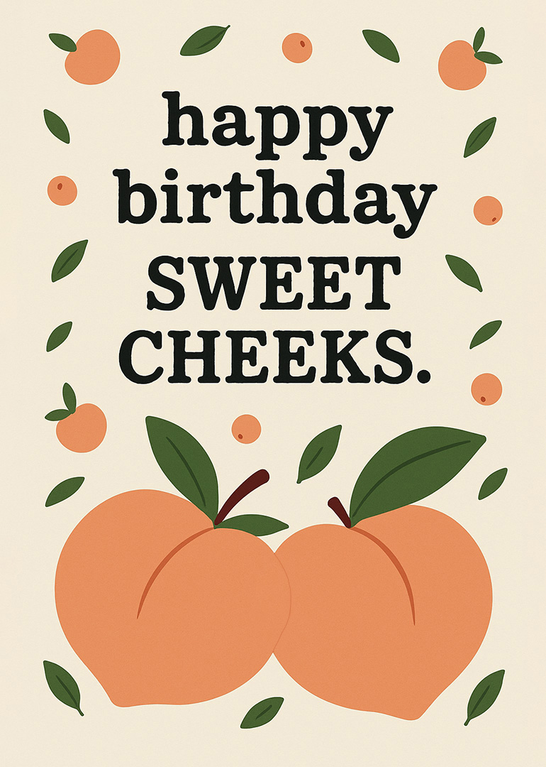 Birthday card with playful peach illustrations and cheeky happy birthday message
