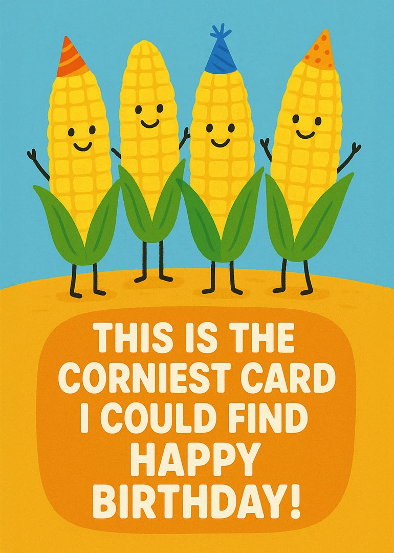 Four smiling corn cobs in party hats stand above a corny happy birthday message card.