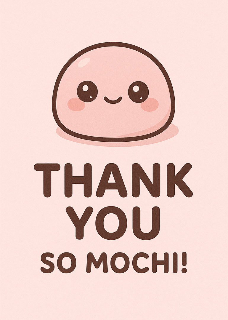 Cute pink mochi character with big eyes and thank you message