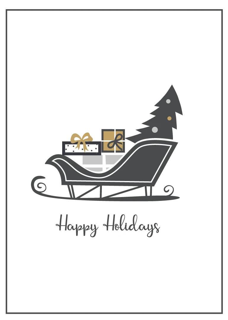 Festive sleigh carrying gifts beside a tree with Happy Holidays written below in script style.