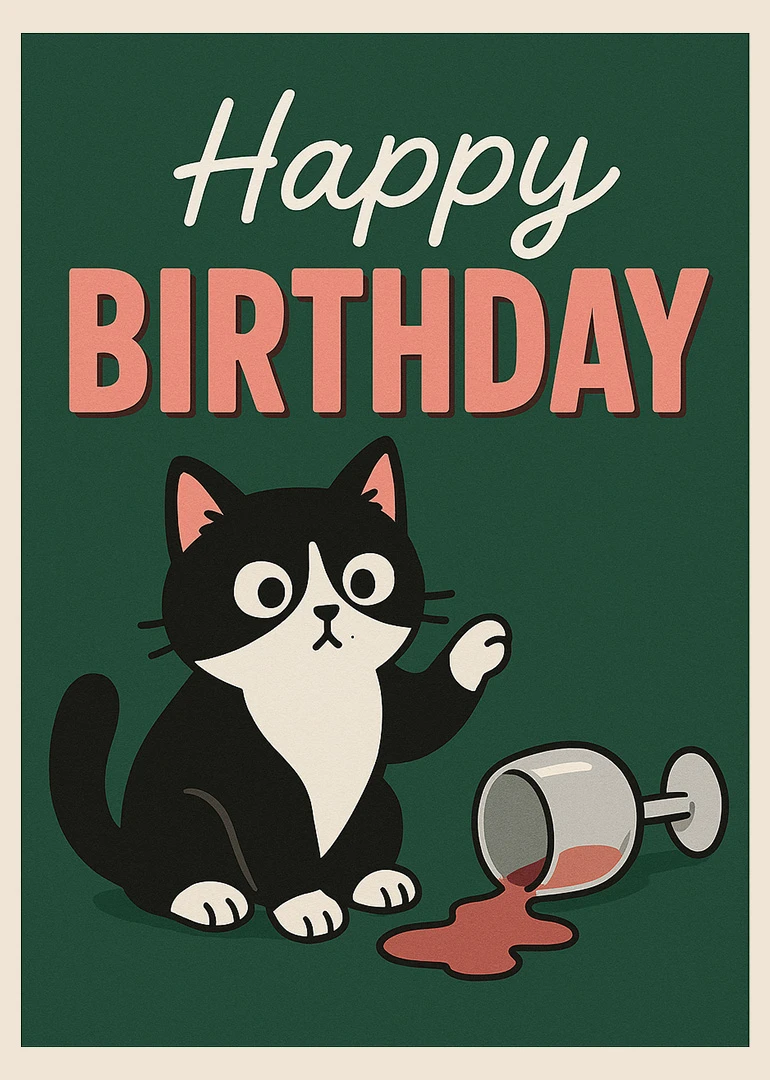 Black and white cat beside a spilled drink under Happy Birthday text on green background.