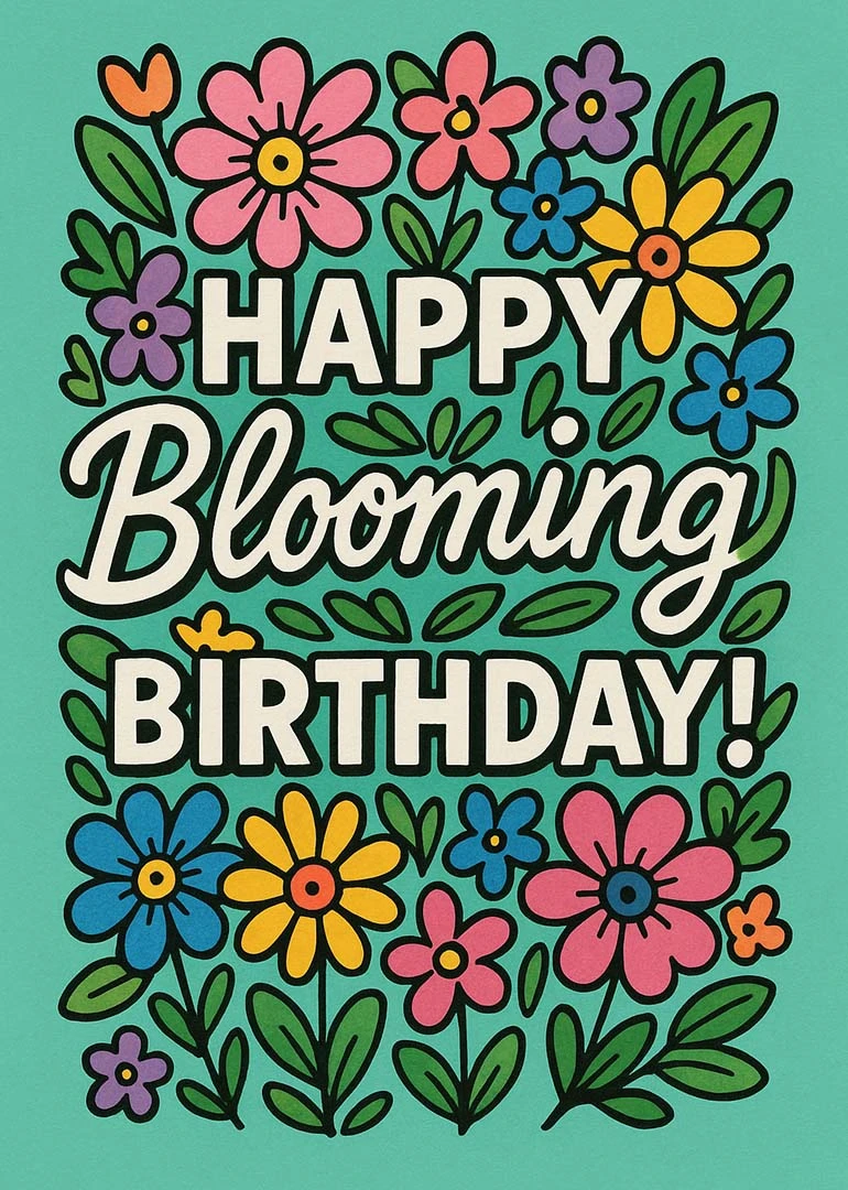 Colorful flowers frame Happy Blooming Birthday text on a teal background with bold black outlines.