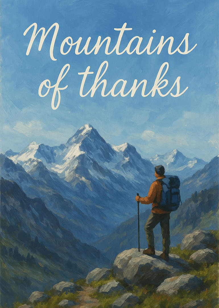 Hiker standing on rocks overlooking snowy mountain range with thanks message