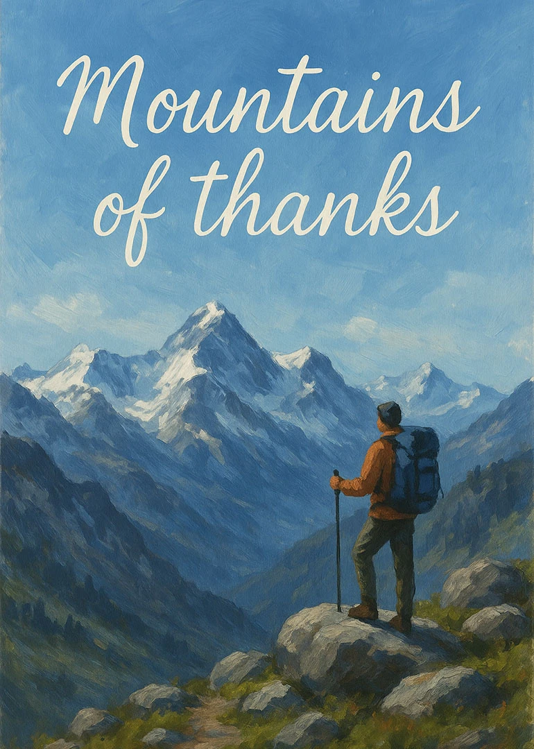 Hiker stands on a mountain peak beneath Mountains of thanks in blue painted scenery.