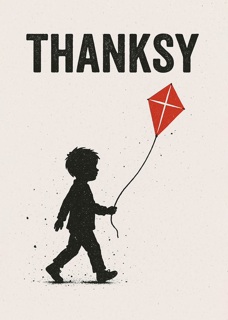 Silhouette of child walking holding a red kite with thank you text above