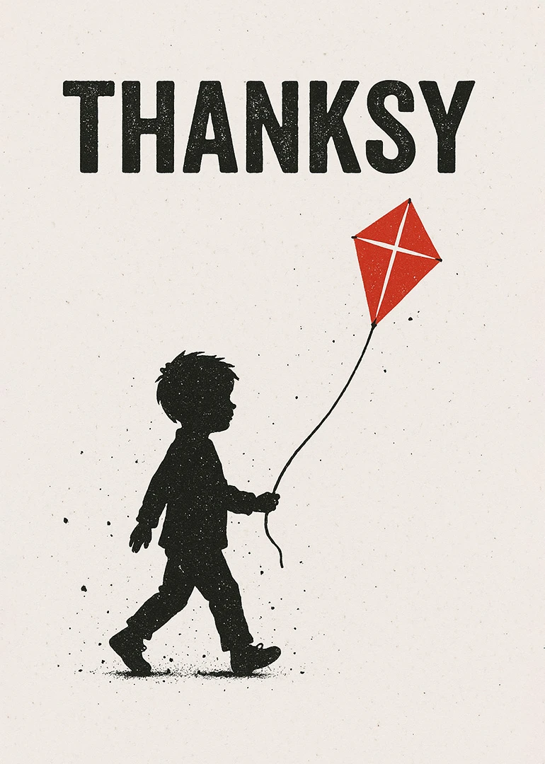 Silhouette boy walking with a red kite under the word Thanksy on a cream background.