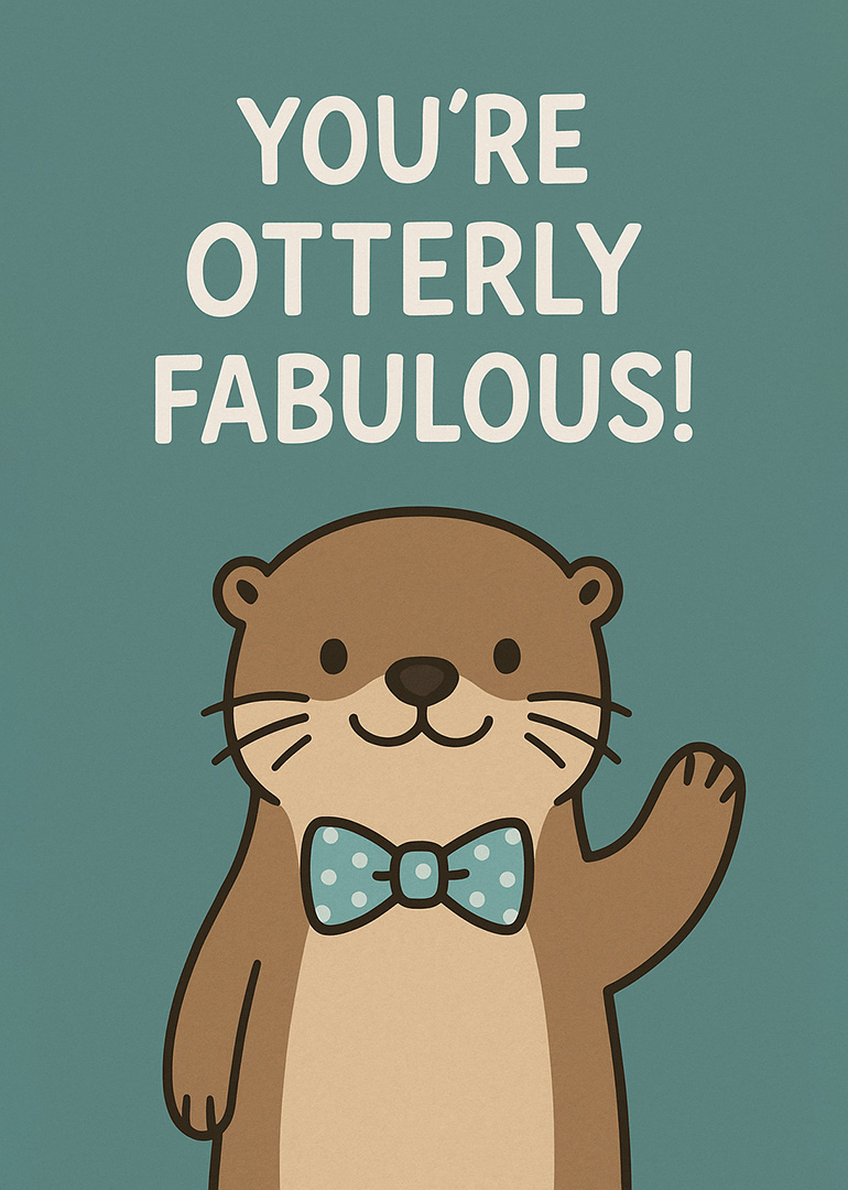 Illustration of a smiling otter waving with a polka dot bow tie on teal background