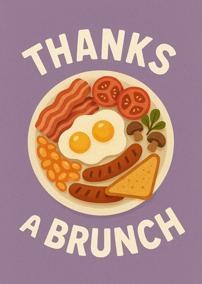 Illustrated breakfast plate with eggs, bacon, sausages, beans, mushrooms, tomatoes, and toast