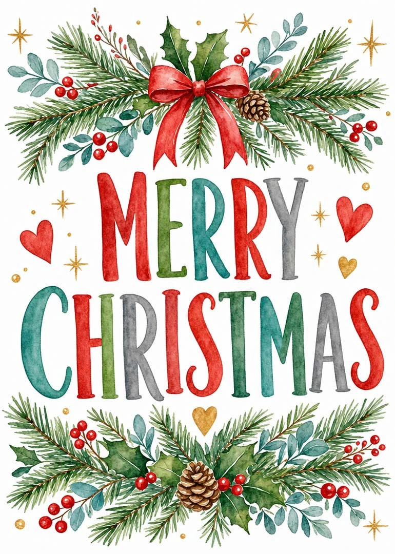 Watercolor Christmas card with greenery, red bow, berries, hearts, and bold Merry Christmas lettering throughout.