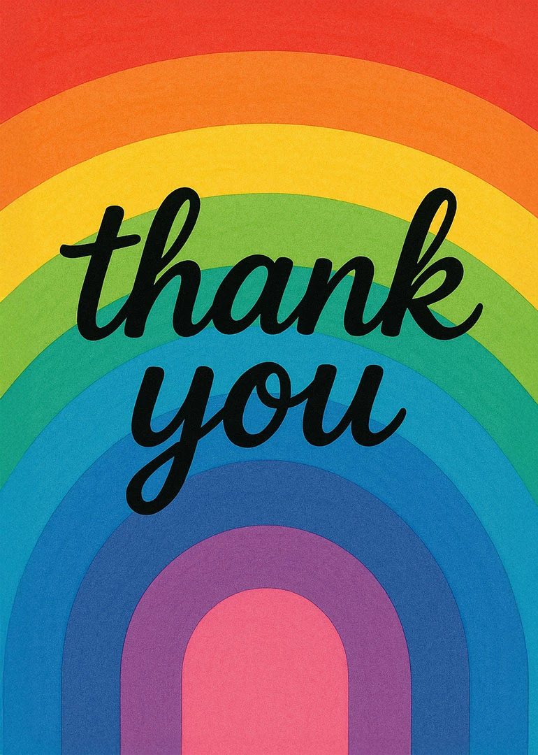 Rainbow arch card with thank you in bold black script on a vibrant background design.