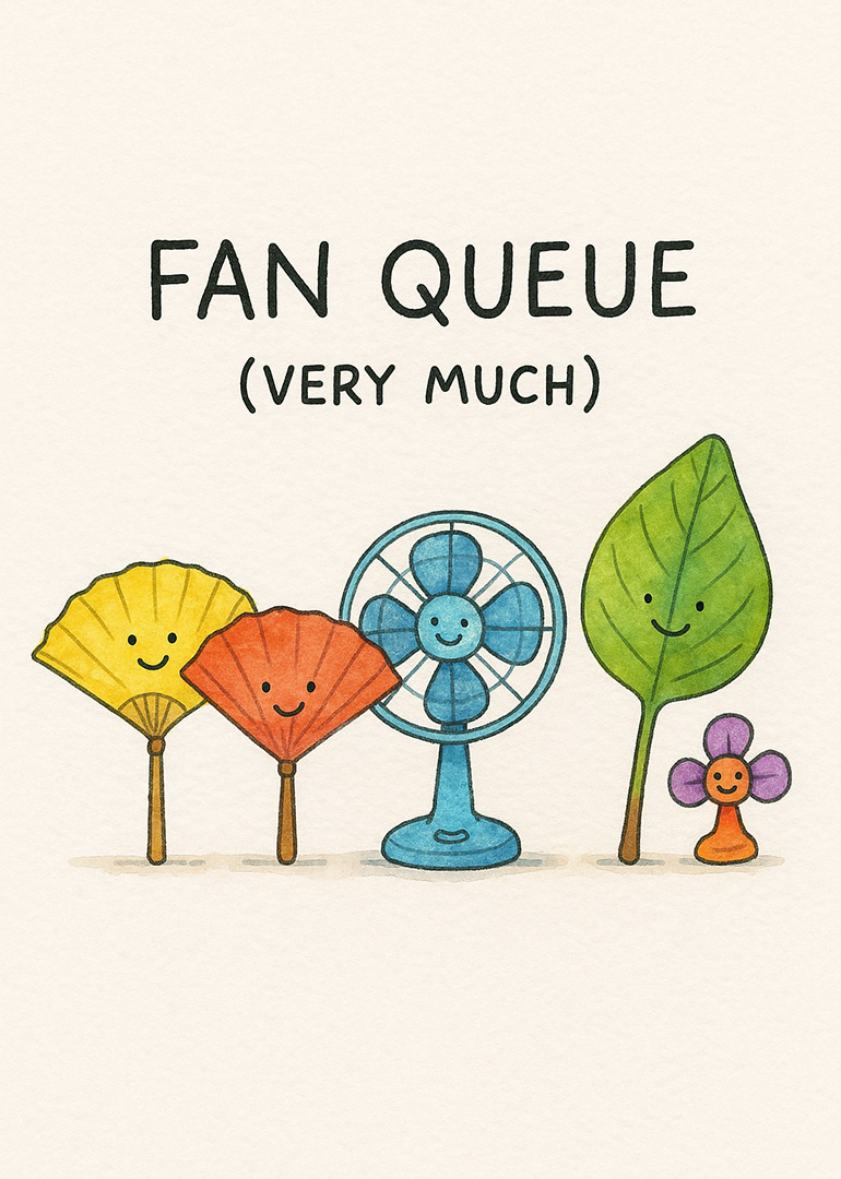 Illustration of smiling fans and leaves with fan queue pun text