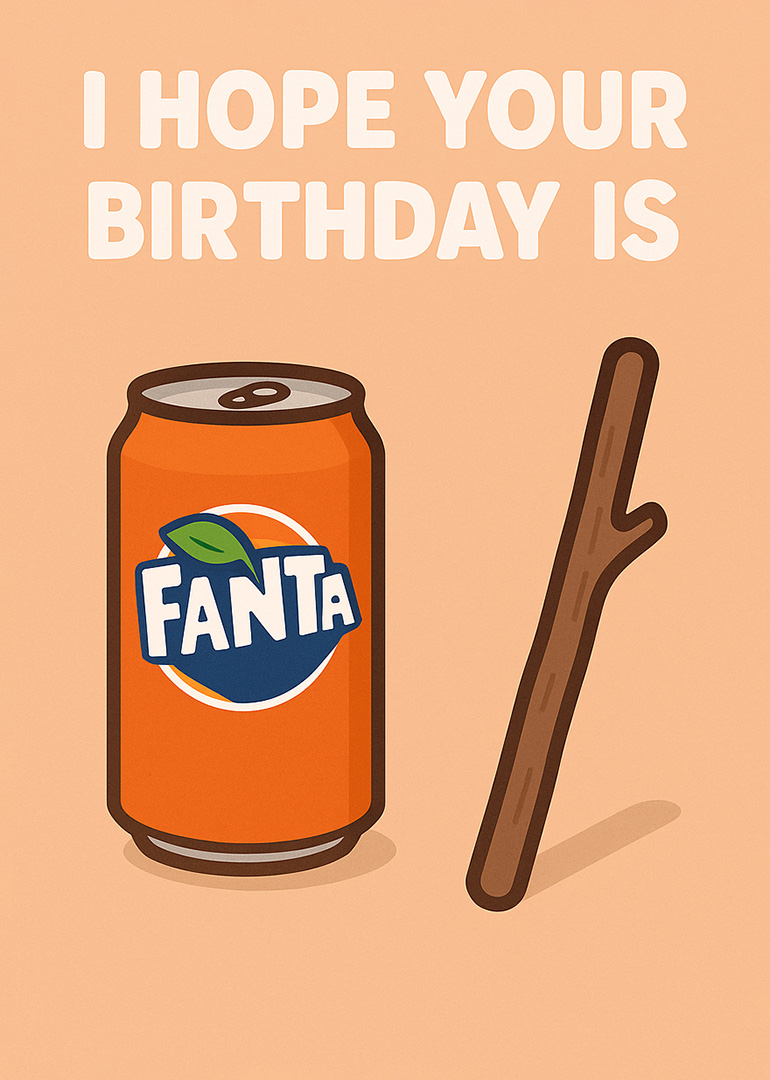 Illustration of a Fanta can and a stick with birthday greeting text