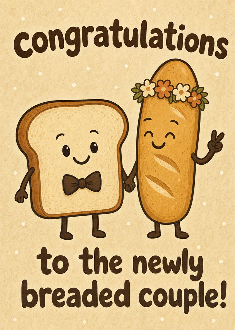 Cartoon slice of bread and baguette holding hands beneath congratulations for a newly breaded couple.