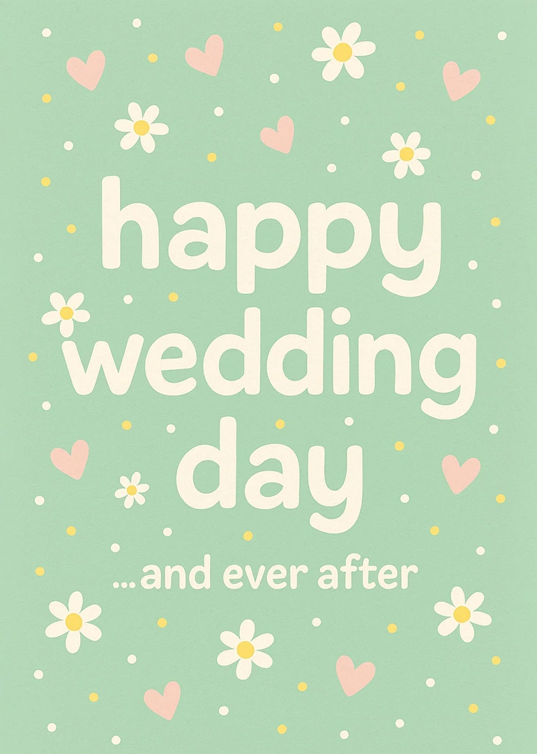 Mint green wedding card with daisies, pink hearts, and the message happy wedding day inside.