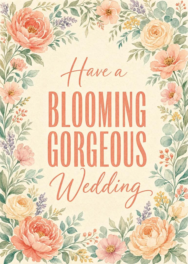 Pastel floral wreath card with blooming gorgeous wedding text for a happy couple.
