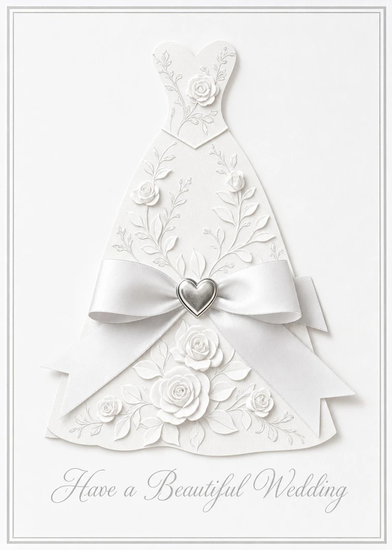 White embossed wedding dress with floral details, ribbon bow, heart, and Have Beautiful Wedding text.