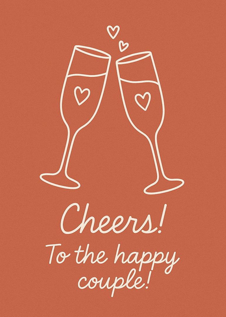 Two champagne glasses with hearts and cheers to the happy couple text