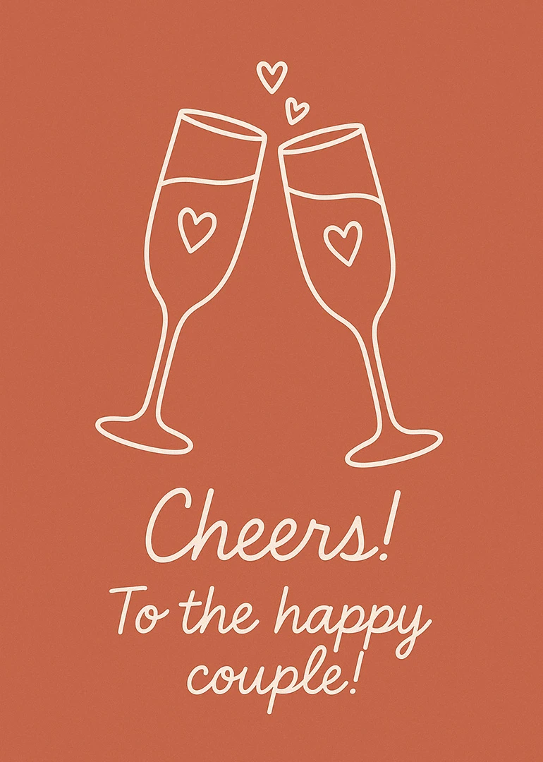 Two champagne flutes with hearts and the words Cheers! To the happy couple in peach.