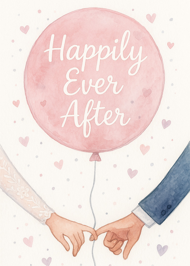 Watercolor wedding card with couple holding hands and pink balloon with text