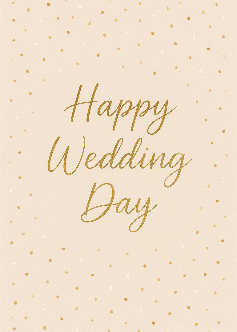 Wedding card with gold script text and gold and white polka dots on cream background