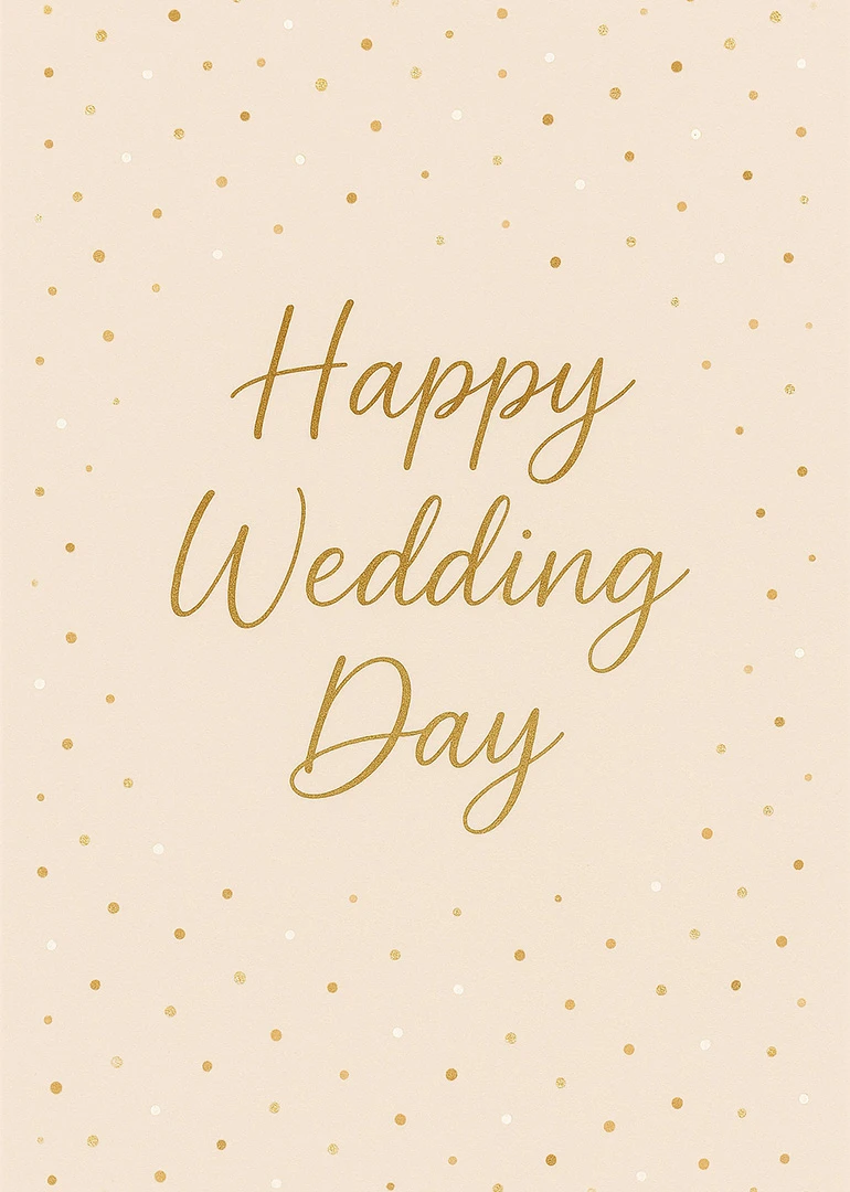Gold script Happy Wedding Day card with beige background and confetti dots.