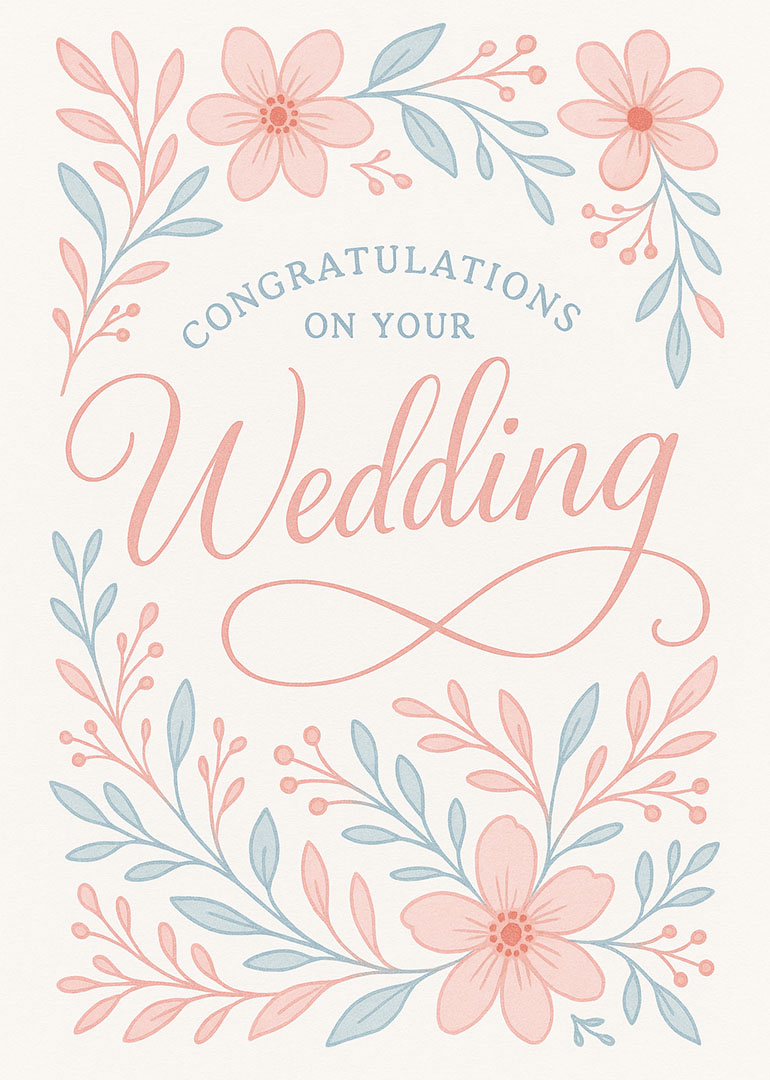 Wedding congratulations card with pink flowers and blue leaves in a delicate floral design
