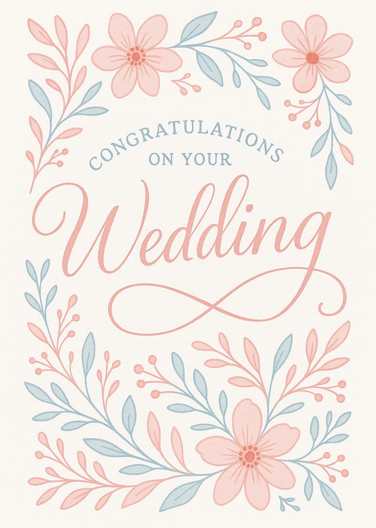 Pastel floral wreath card reading Congratulations on Your Wedding in soft pink and blue script.