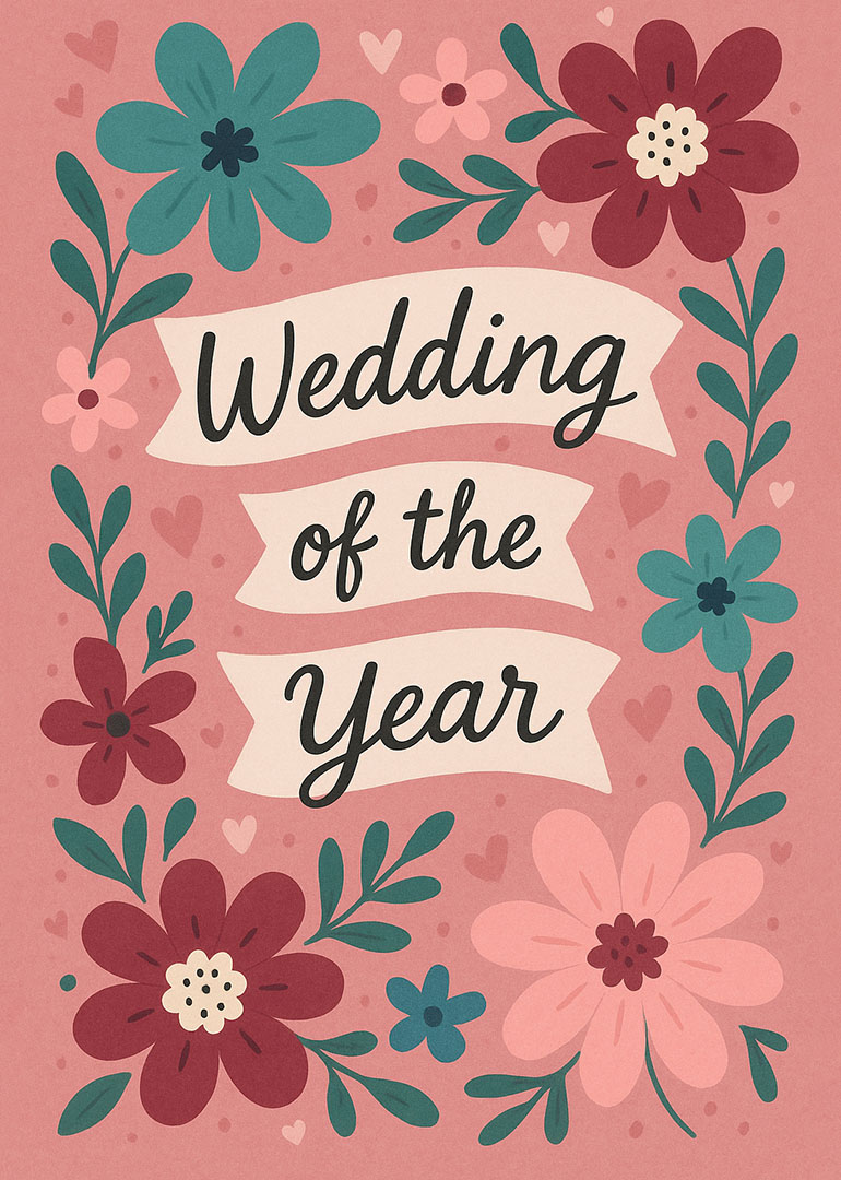 Floral wedding card with hearts and wedding of the year text