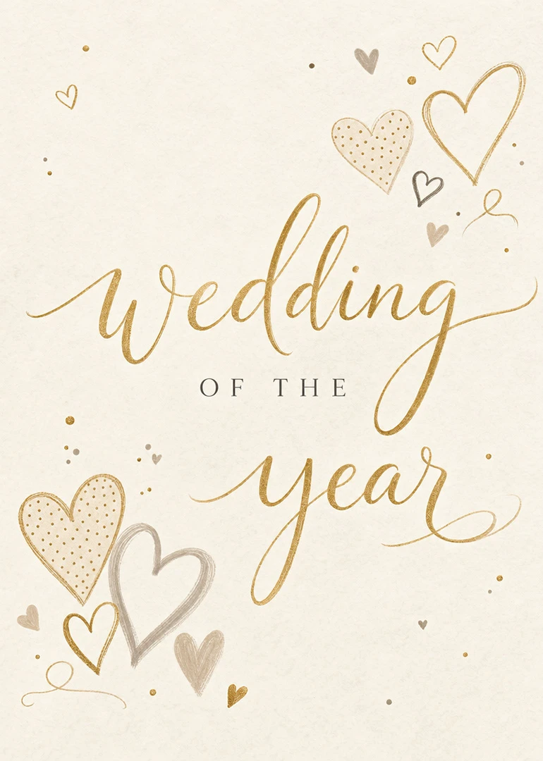 Gold handwritten Wedding of the Year text with assorted hearts on a cream background card.