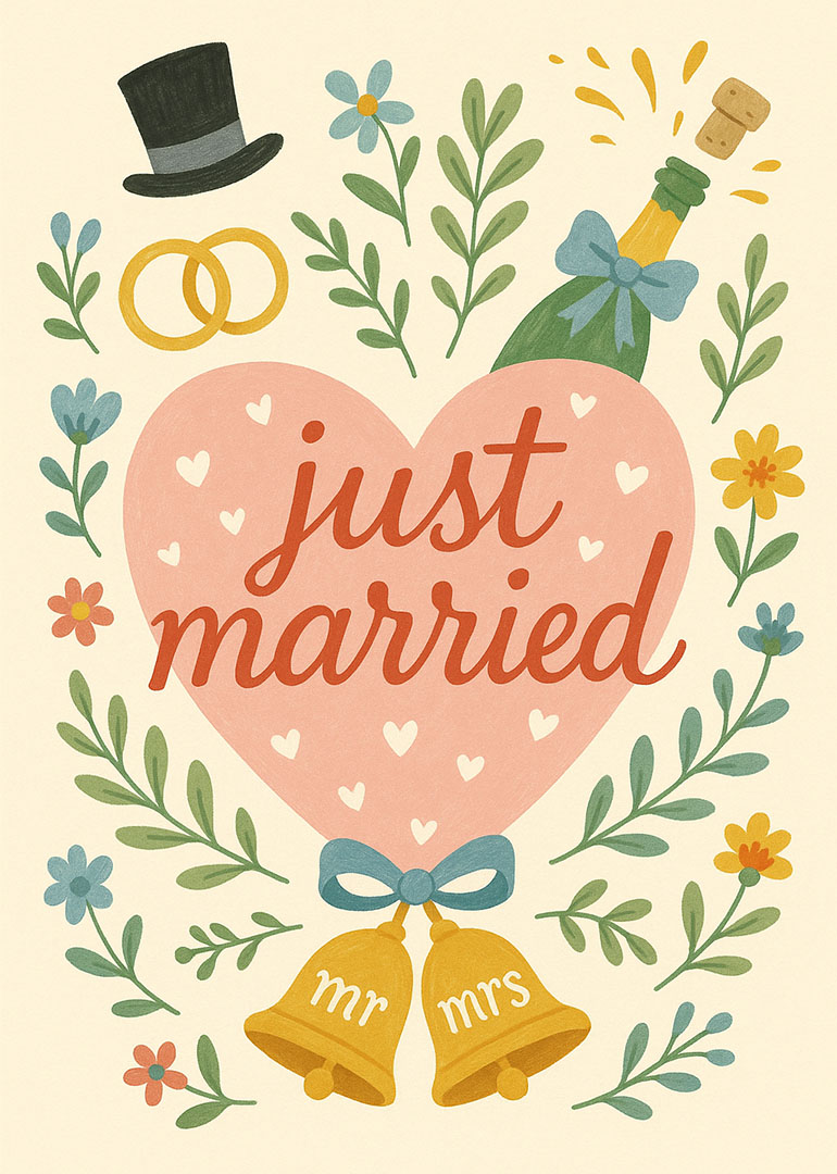 Wedding card with heart, bells, champagne bottle, flowers, and wedding rings