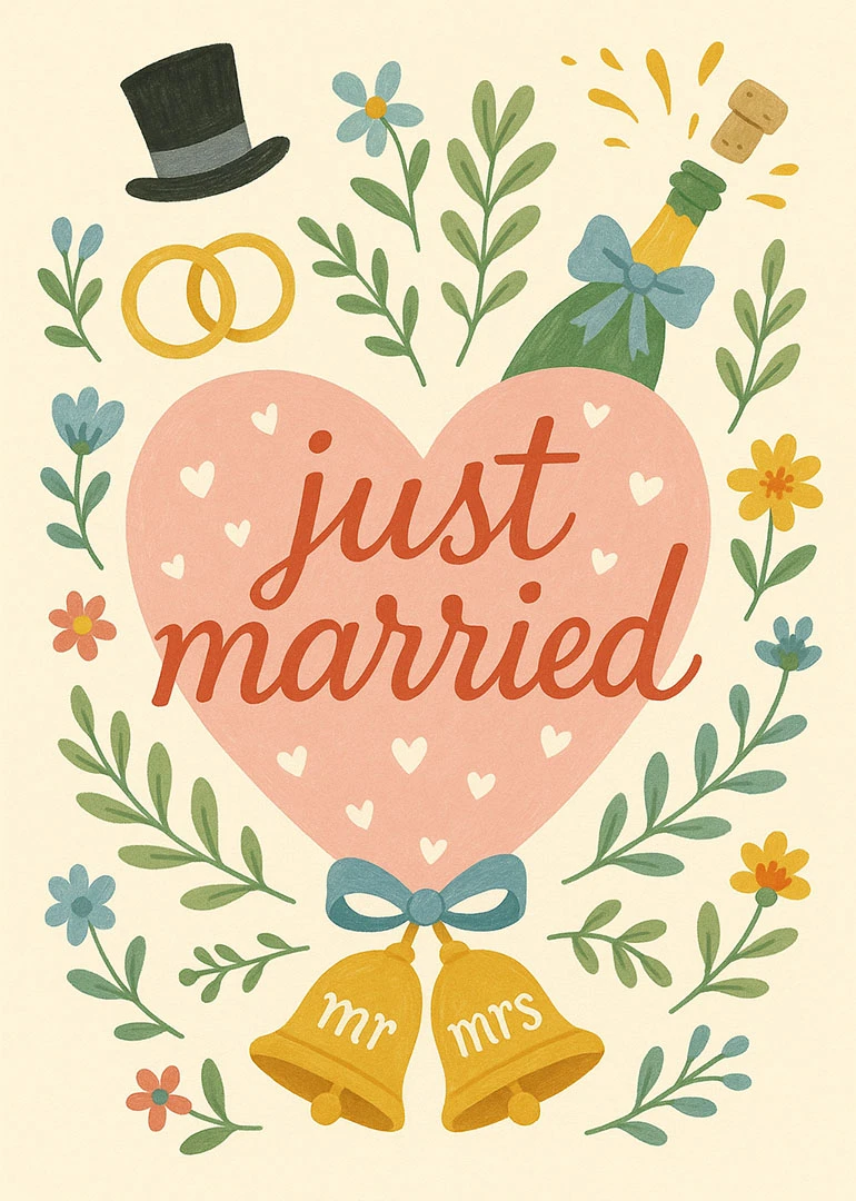 Pastel floral wedding card with a pink heart, champagne bottle, and just married wording.