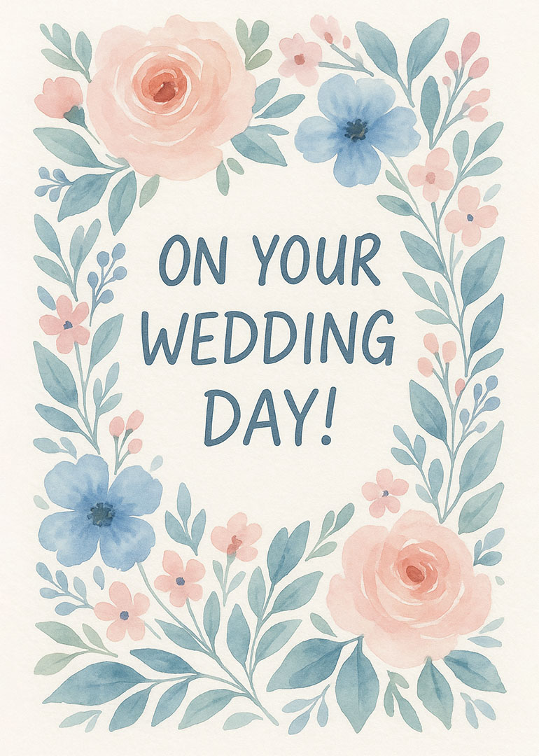 Watercolor floral wedding card with soft pink and blue flowers and wedding day message